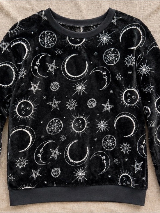 unbranded Sweaters - Whimsigoth Black Celestial Moon & Sun Print Plush Pullover